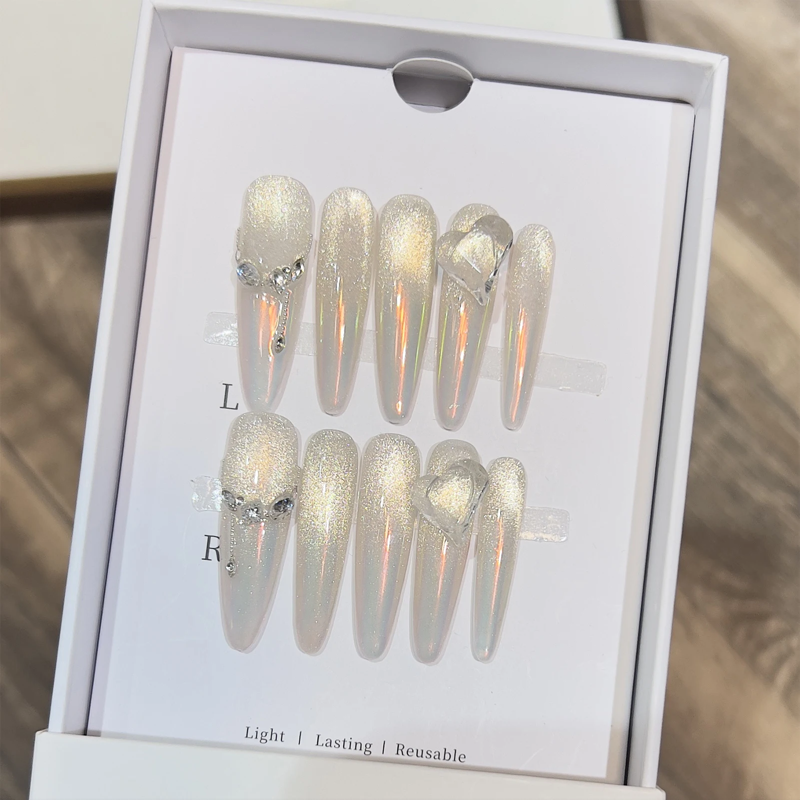 10pcs Cat Eyes False Nail With Glitter Tip Handmade Rhinestone Long Almond Press On Nails Shiny Full Cover French False Nail Tip