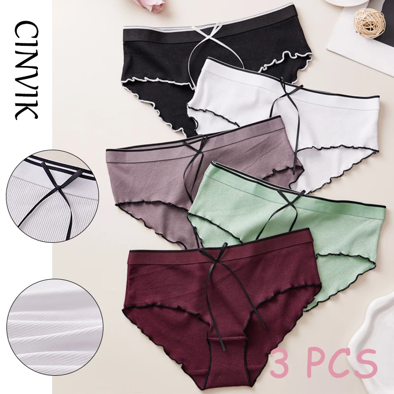 Cinvik 3pcs Cute Bow Contrast Color Edge Women\'s Underwear Cotton Cozy Skin Friendly Panties Minimalist  Style Briefs  Intimates