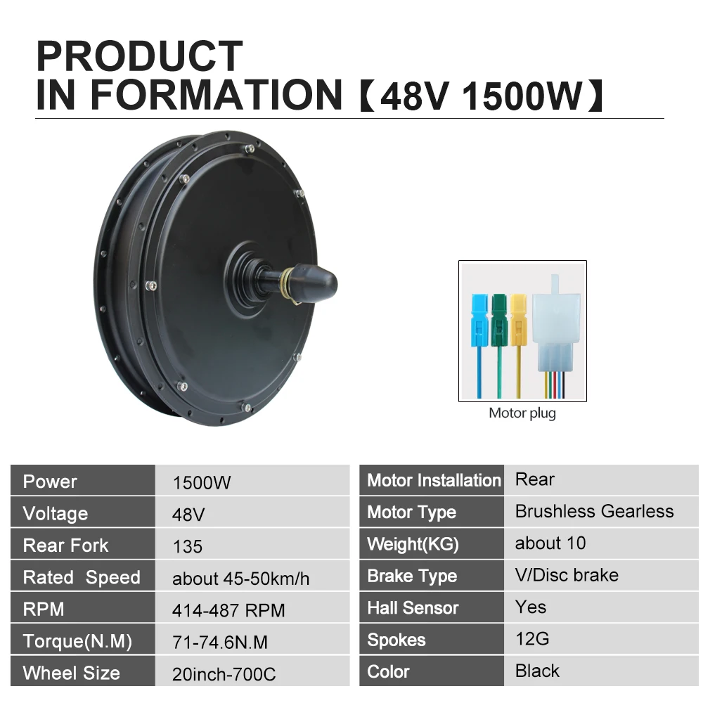 48V1500W Electric Bicycle Conversion Kit Wheel Hub Motor 20”24”26”27.5”28”29Inch700C Rear Dropout 135mm