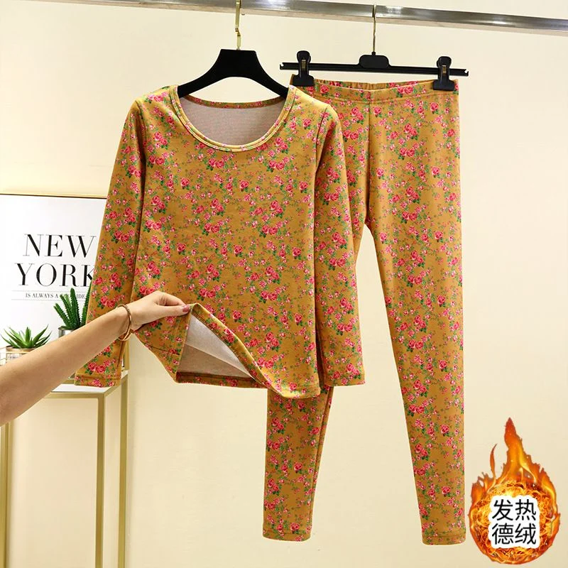 German Velvet Floral Round Neck Thermal Underwear Middle-aged Elderly People Clothes Trousers Heating Base Two-pieceset