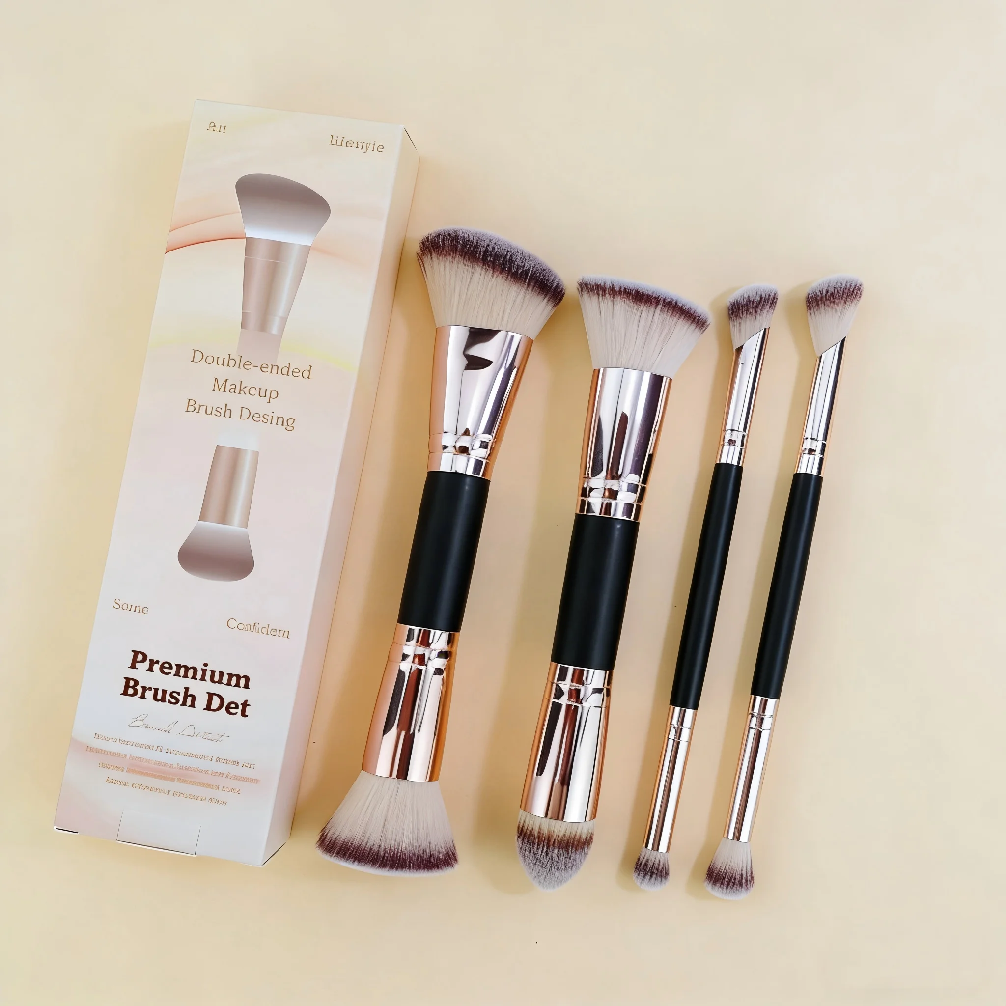 4-piece professional facial double-ended makeup brush set (with paper box), including angled & tapered foundation brush, contour brush, blush brush, loose powder brush, eyeshadow brush, concealer brush, highlighter brush, and blending brush, made of soft fiber material, easy to carry, suitable for travel, and a great gift for women and girls