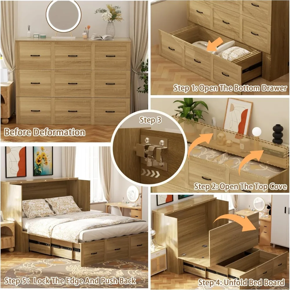 خزانة سرير جدارية خشبية كاملة الحجم من سرير ميرفي مع درج كبير موفر للمساحة ومنصة مخفية قابلة للطي وخزانة متنقلة #4