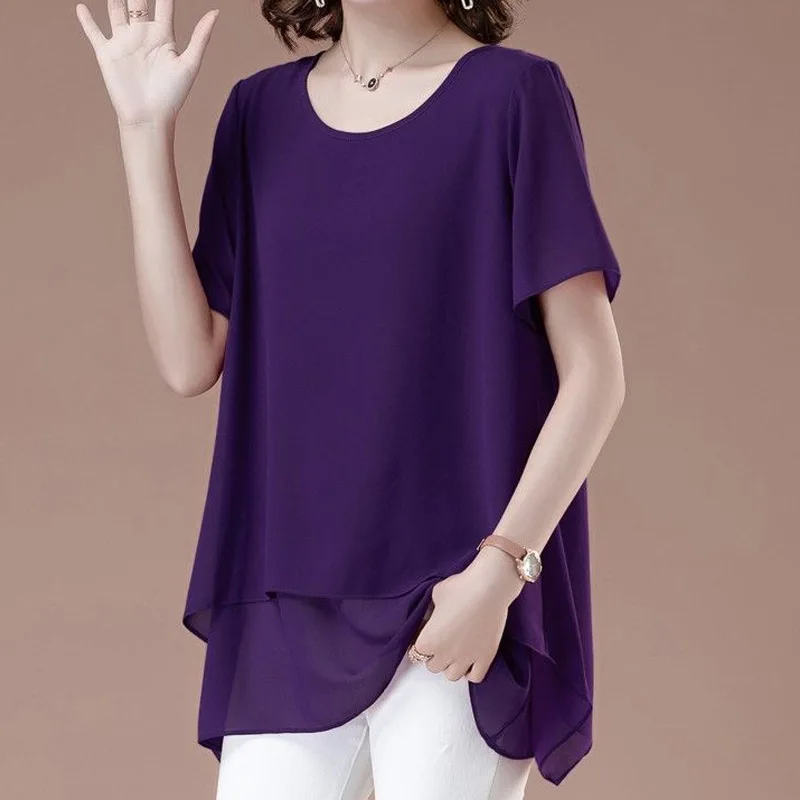 Summer New Chiffon Thin Irregular Shirt Tops Short Sleeve Solid Color Loose Temperament Blouse Fashion Elegant Women Clothing