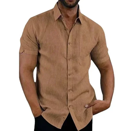 Imagen 2 del producto Camisas de lino y algodón de verano para hombre, pantalón corto informal, camisas de manga, blusas lisas con cuello vuelto, camisas formales de playa, ropa masculina