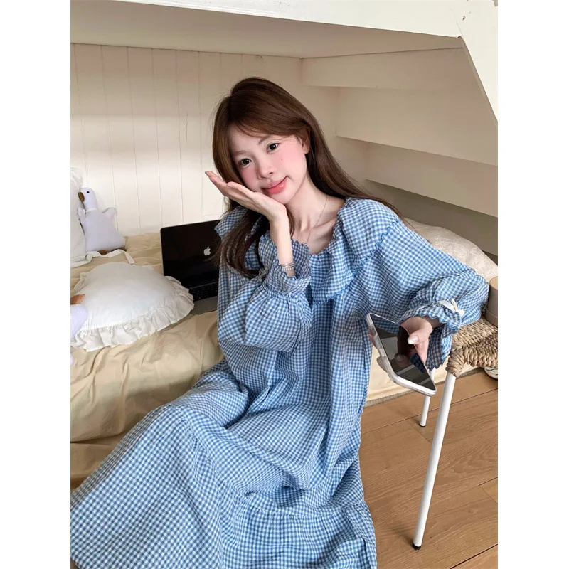 Fog Blue Korean Inspired Pajama Set Large Lapel Embroidered Lace Sweet Small Checkered Design Comfortable Loungewear One Size