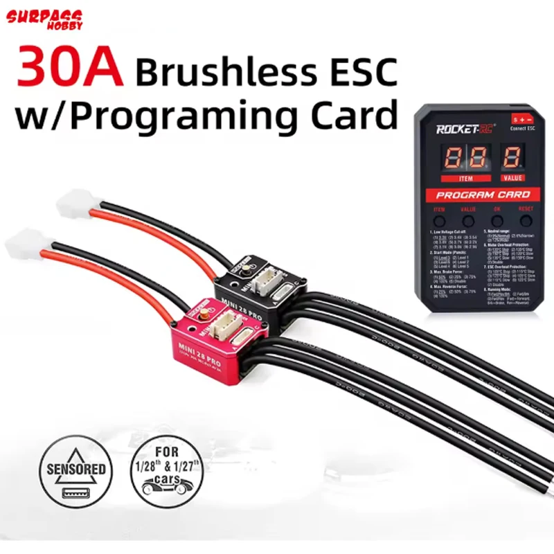 

ROCKET-RC 30A Brushless ESC with LED Programing Card Combo MINI 28 Pro 2S LiPo BEC 3A 6V/7.4V for 1/28 1/27 RC Car Upgrades