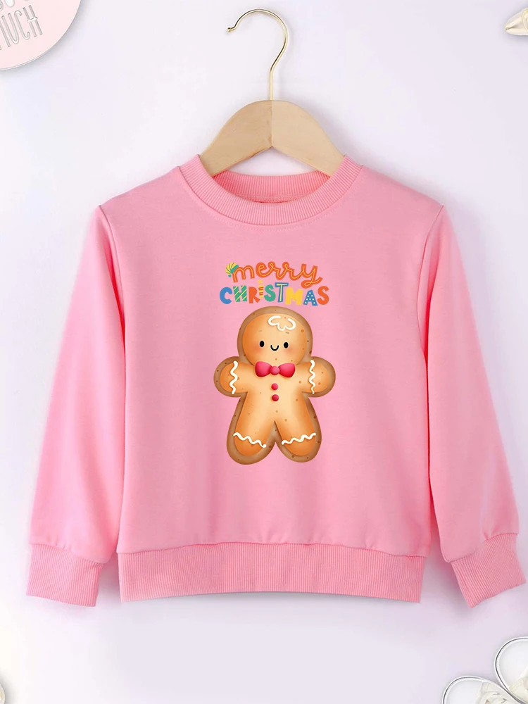 Merry Christmas Cute Gingerbread Print Hoodie Cartoon Pretty Xmas Gift Boy Girl Clothes Red Fashion Kids Sweatshirt 2-14 Years