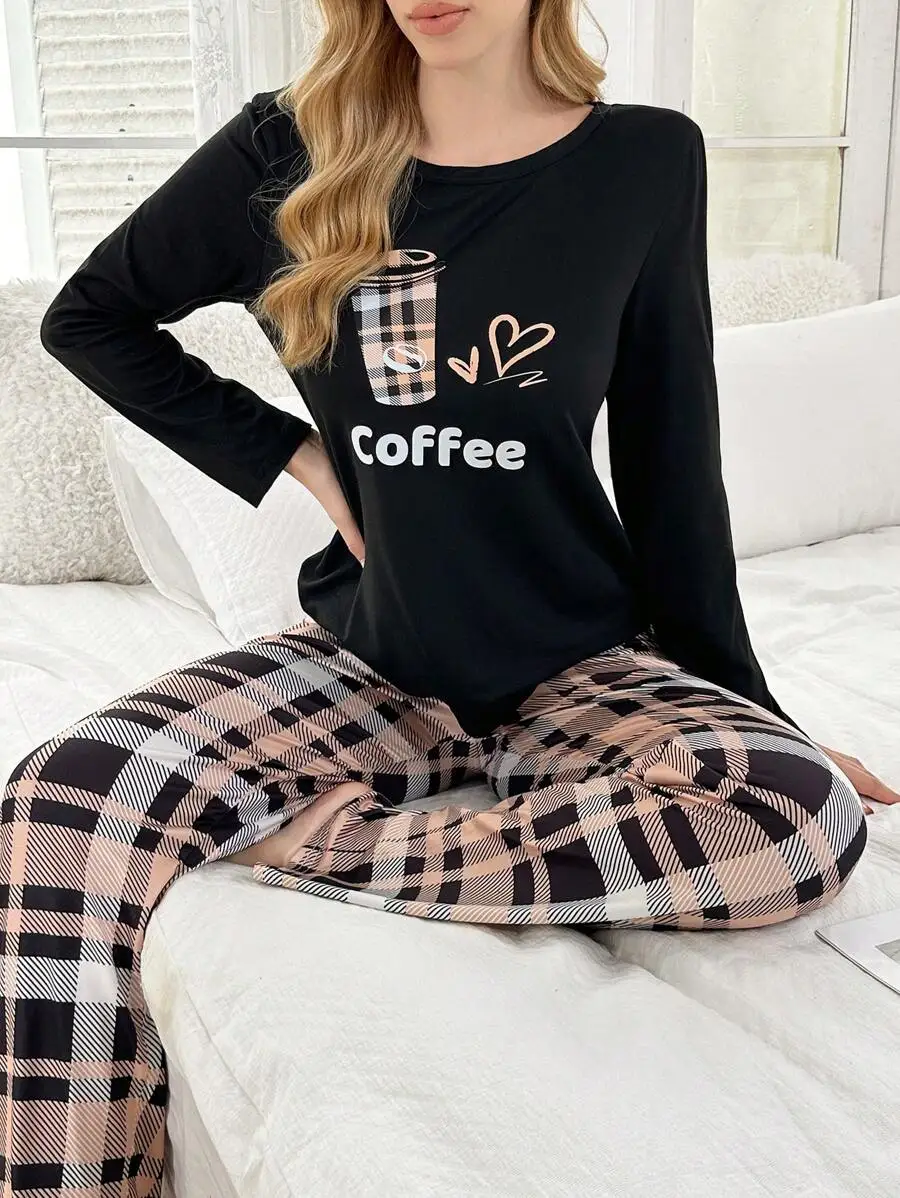 Coffee Print Long Sleeve Top And Plaid Pants Pajama Set For Women