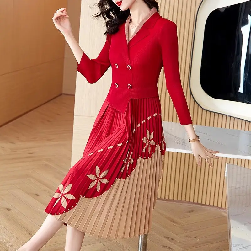 

Pleated Dress Spring Autumn 2024 New Style Suit Collar Elegant Large Size Color Blocked Slim Fit Women's Printed Dress Z4687