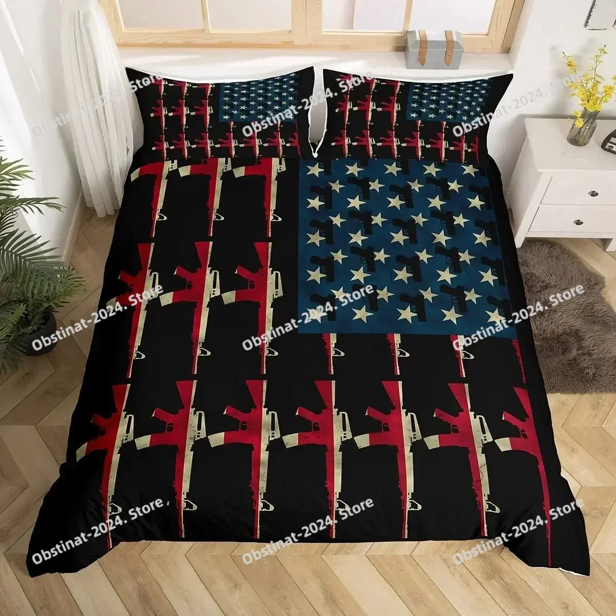 

American Flag Duvet Cover Machine Gun Comforter Cover Queen King Polyester Quilt Cover USA Federations Stars Stripe Bedding Set