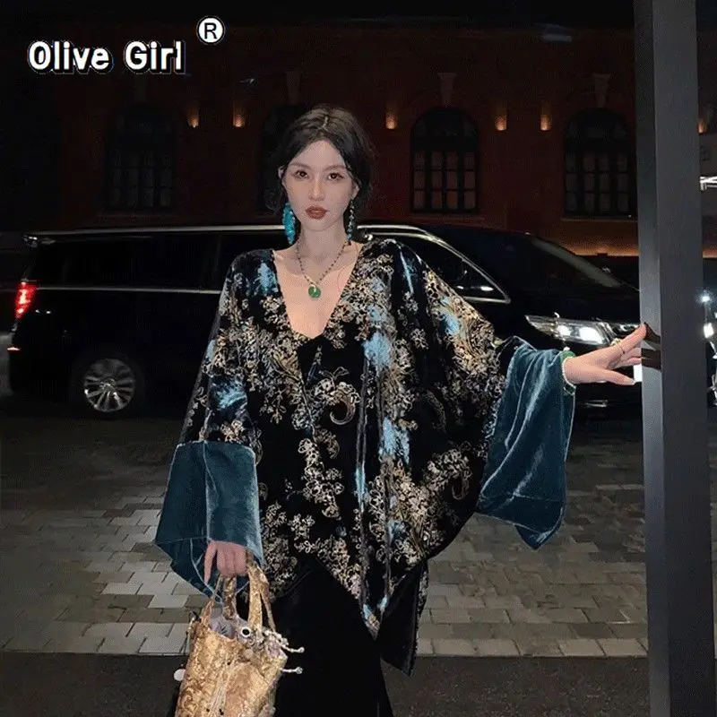 Gold velvet contrasting coat high-end Jacket elegant blue gold+patchwork dress for women's clothing 2026 spring autumn