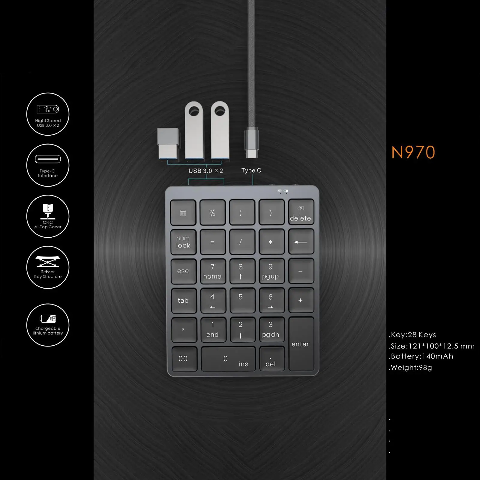 28 Keys Bluetooth Numeric Keypad with USB3.0 Hub Wireless External Number Pad for Laptop