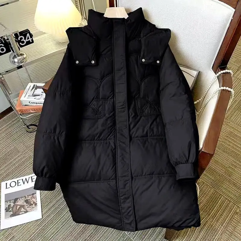 Mid-Long Down Cotton Jacket Women Korean Loose Puffer Coat 2023 New Thicken Warm Padded Parkas Hooded Manteau Femme Hiver 3XL