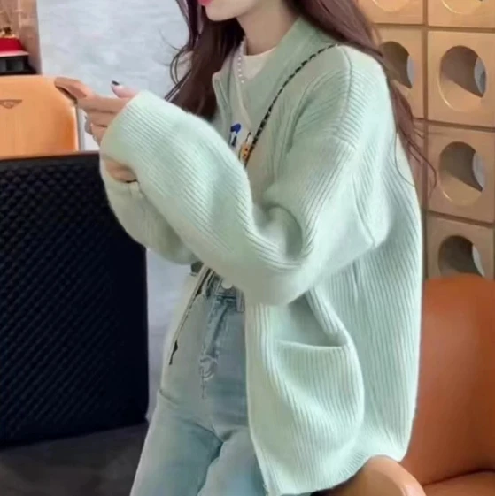 

Double Zipper Solid-color Design Sweater for Cardigan Women, New Korean-style Loose Casual Knitted Sweater for Autumn and Winter