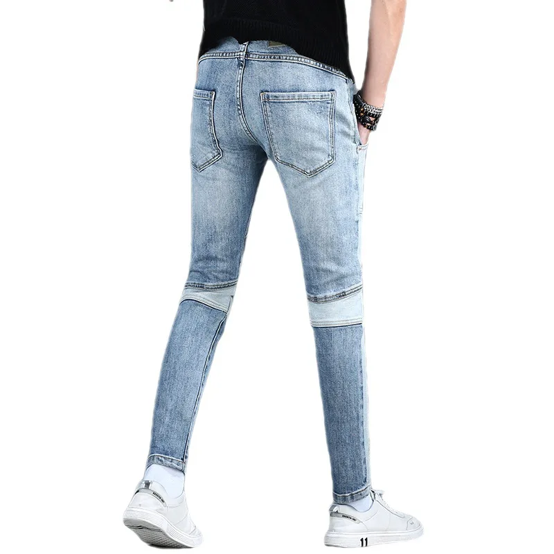 Street Fashion High-End Stitching Jeans Men's Autumn and Winter Slim Fit Skinny Cool Smart Casual Motorcycle Trousers