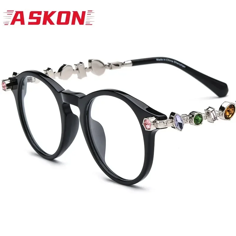 ASKON High Quality Acetate Black Glasses Frame Woman Round Gemstone Fashion Eyeglasses Frames Female Women Reading Prescription