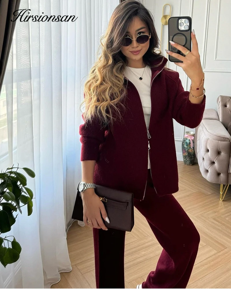 Hirsionsan Elegant Soft Vintage Women Cardigan Suits 2 Pieces Female Skirt Sets O Neck Sweater & Midi Dress Knitted TrackSuit