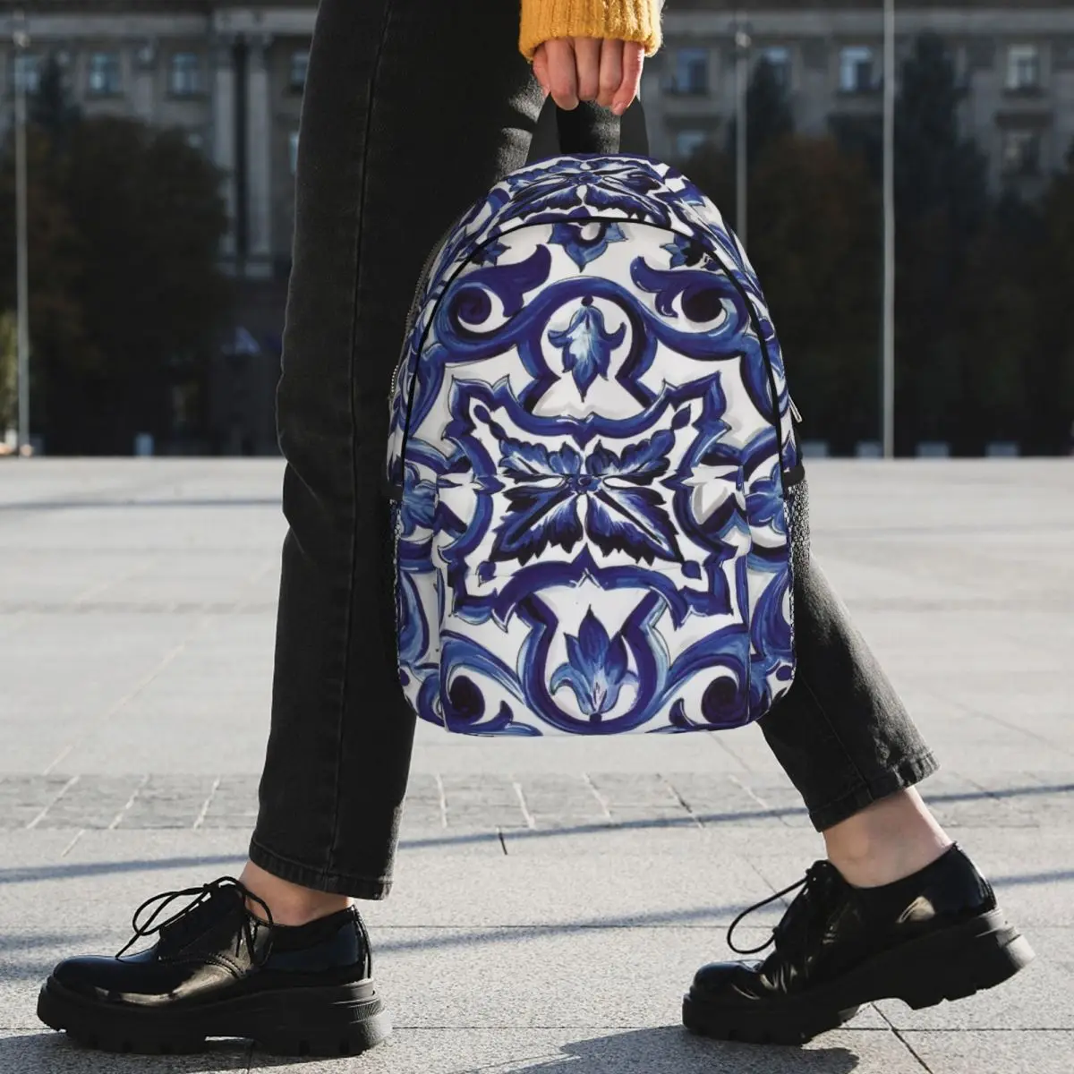 Blue Ornate Floral Mediterranean Sicilian Tile Backpack Student BookBag Boys Girls School Bag Computer Shoulder Bags
