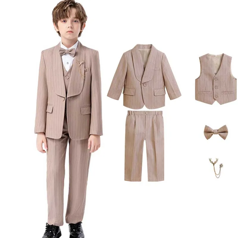 

Children Luxurious Khaki Jacket Vest Pants Bowtie 4PS Party Dress Kids Ceremony Photograph Suit Flower Boys Performance Costume