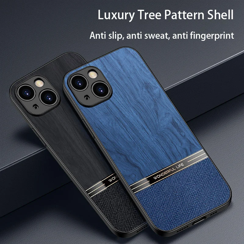 Luxury Plain Leather Wood Grain Phone Case For iPhone 15 14 Plus 13 12 11 Pro Max XS 7 8 Acrylic Fine Hole Shockproof Back Cover