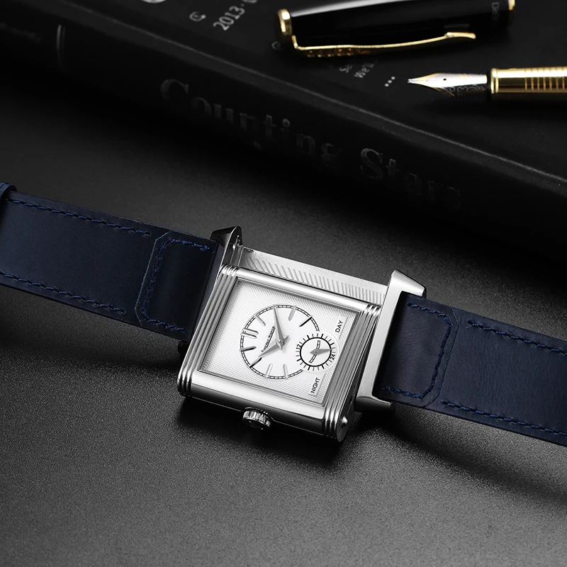 OUPAI 2024 New Arrival Double Dial Time Zone Mechanistical Rectangle Watch Man Business Leather Strap Reverse Wristwatch