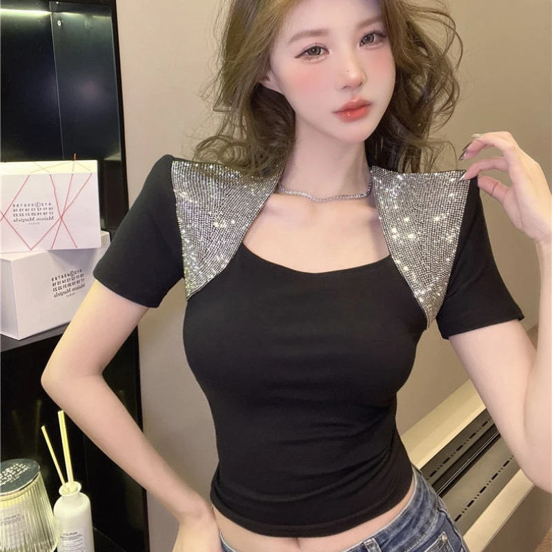 Top femminile strass collo quadrato T-shirt manica corta da donna vestito estivo abbigliamento moda sottile 2025 abiti vintage giapponesi