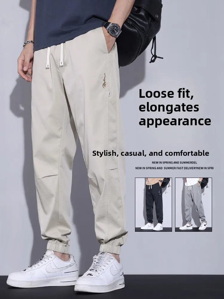 

Мужские повседневные брюки цвета хаки, свободный крой, весна-осень, модные, универсальные, спортивные, длинные брюки, прямые штанины, смесь хлопка, эластичный пояс