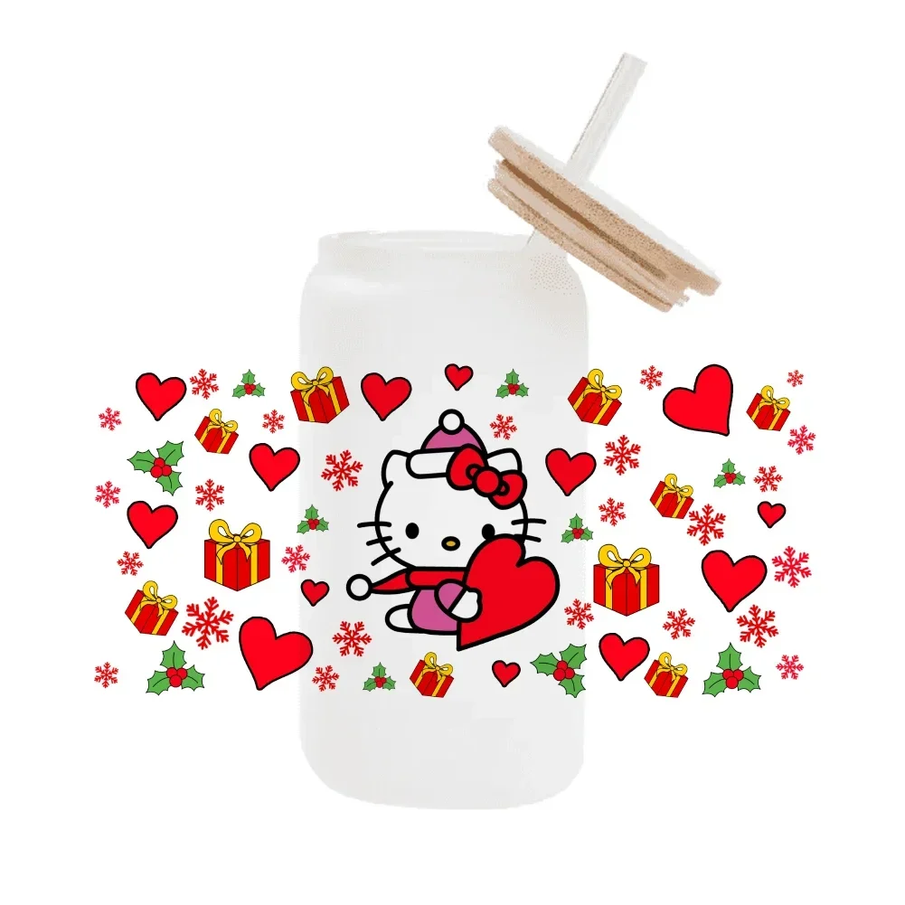 Fashion Hello Kitty Christmas Gift Sanrio Cartoon For Libbey 16oz Glass 3D Waterproof UV DTF Coffee Can Wrap Libbey Glass Wrap