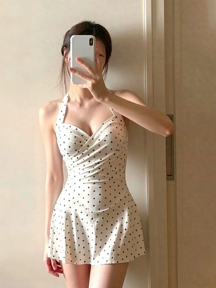 

2026 New Women's One-Piece Swimsuit with Polka Dot Design Cover-Up Slimming Thermal Vacation Casual Swimwear V-Neck Polyester...