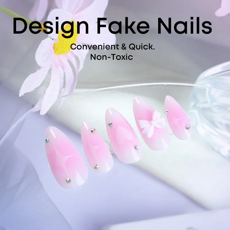 24Pcs Blush Pink Fake Nails Almond 3D Bowknots Decoration Press On Nail Full Cover Sweet Glossy False Nails Tips For Women Girls