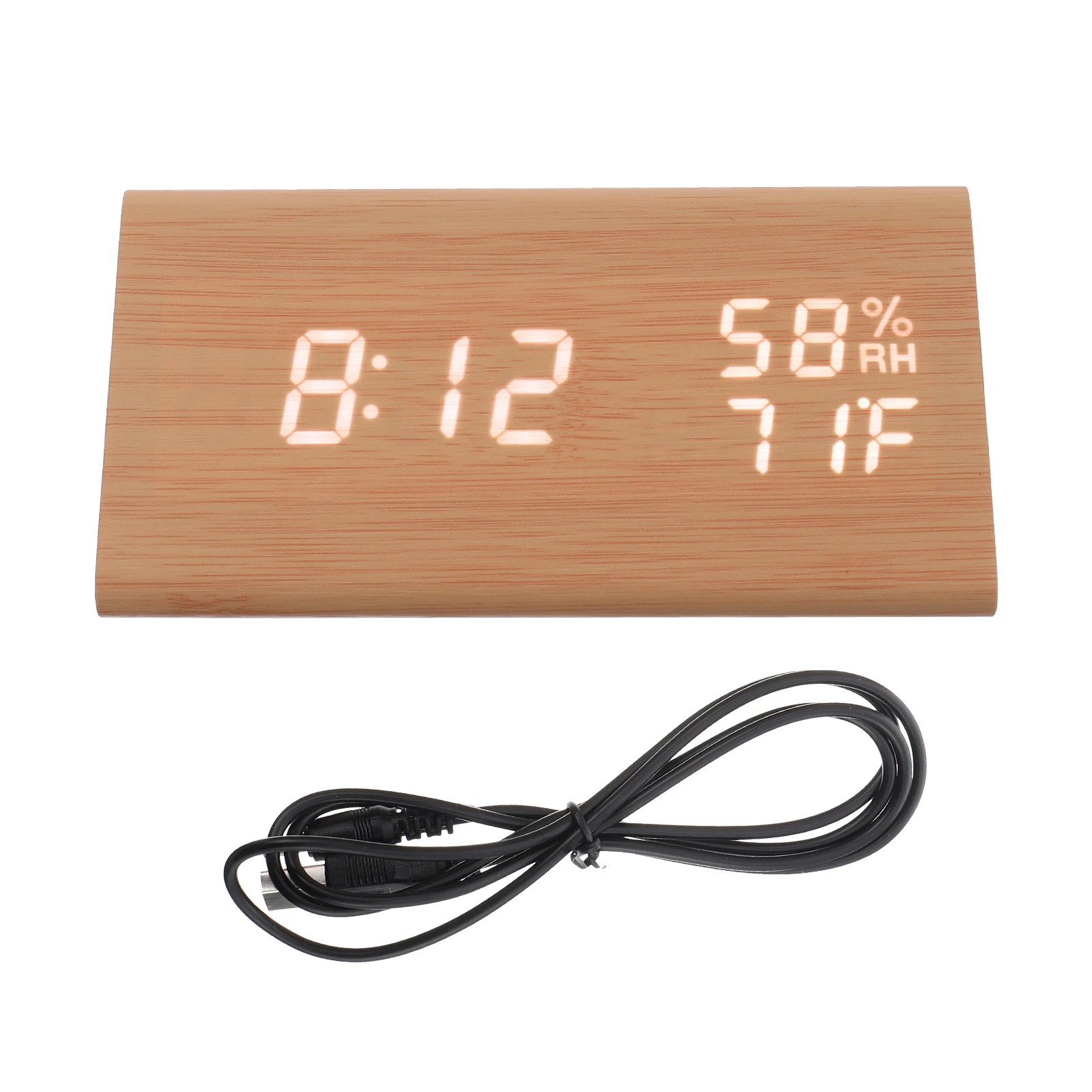 

Wooden LED Alarm Clock Temperature Humidity Display Brightness Adjustable Sound Control Digital Clock Home Office Travel USB