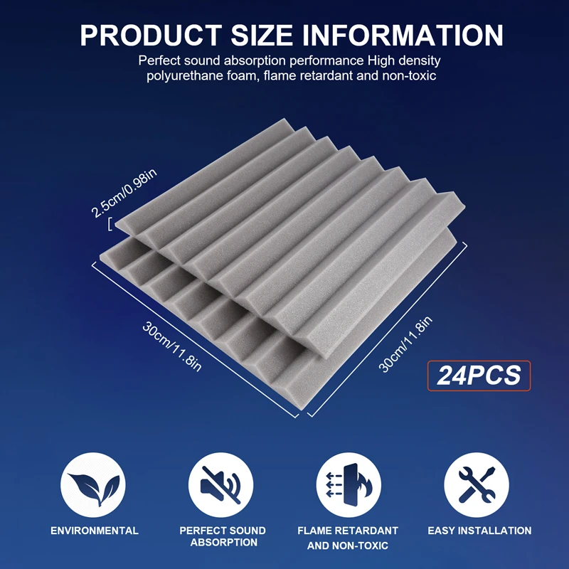 24Pack 1 Inch X 12 Inch X12 Inch Soundproof Foam Panels Sound Absorbing Insulation For Recording Studio, Gaming Room