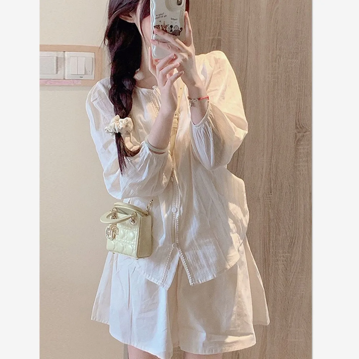 

Small Fragrance Tees 2 Piece Set Women O-Neck Lantern Sleeve Lacework Single Breasted Casual Top + Elastic Waist Mini Skirt