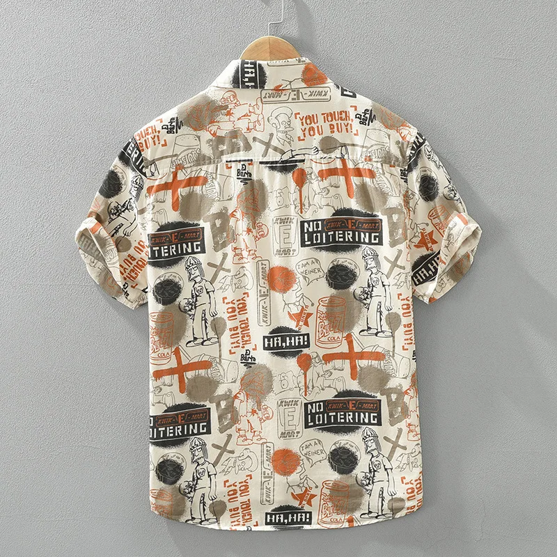 2024 Spring Summer New Pure Cotton Casual Printed Short Sleeve Shirts Men Clothing Thin Comfortable Streetwear CM8016