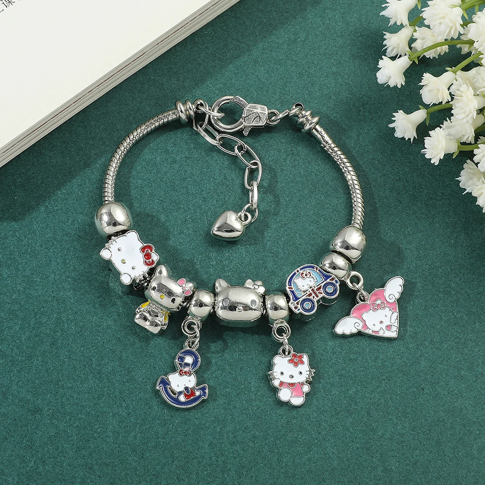 อะนิเมะ Kawaii Hello Kitty สร้อยข้อมือ Charms ลูกปัดโลหะทําชุดเด็กของขวัญเครื่องประดับอุปกรณ์เสริม