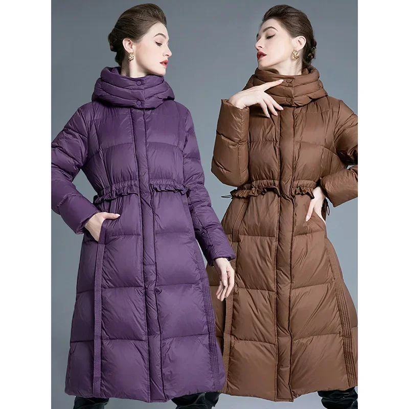 

Women Hooded Long Coats White Duck Down Jacket Over Knee Thick Loose Winter Puffer Clothes Warm Removable Hood Commuter Light