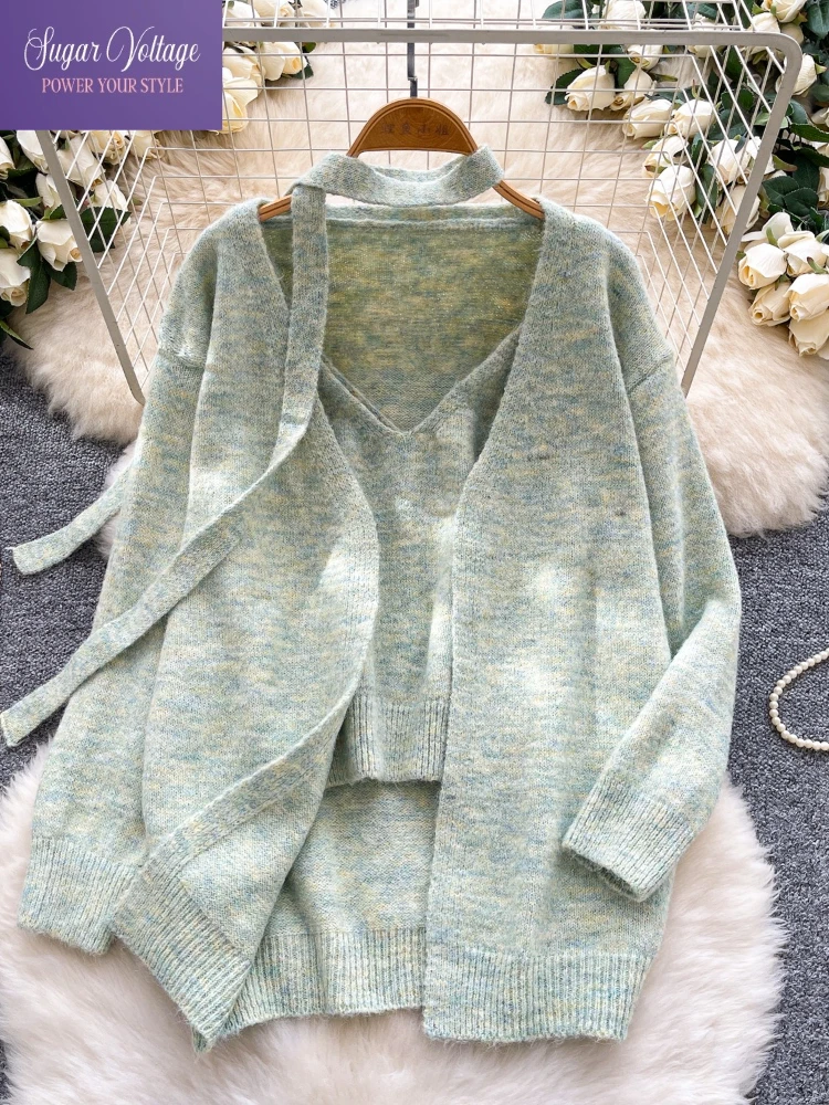 Korean Fashion Elegante Casual Zwei Stück Set Frauen Herbst Winter Faul Stil Schlank Leibchen Tops + Stricken Weiche Strickjacke Solide Outfit