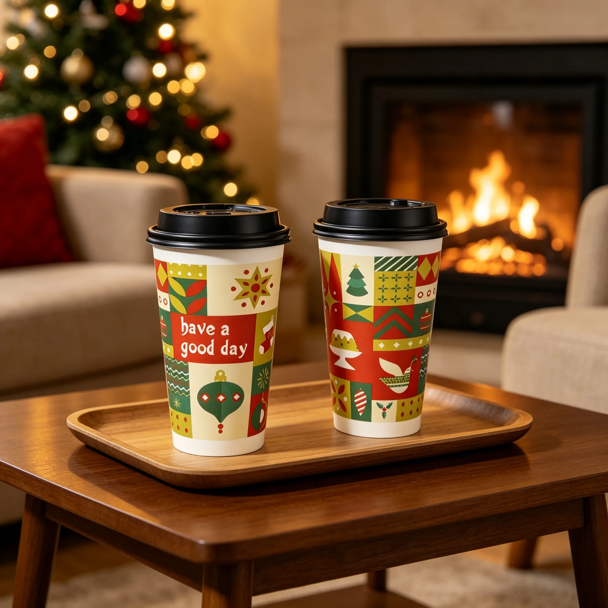 50Pcs16/22A Disposable Paper Cups, Double‑Wall Hollow Hot Coffee Cups, Festive Pattern Paper Cup for Holiday Party Cafe Takeaway view 5