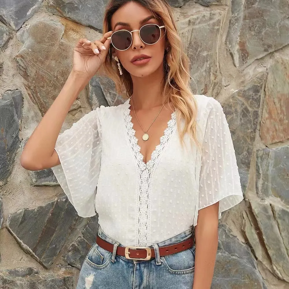 WOMEN'S Casual Tops Formal Casual Floral Lace Chiffon T-shirt Cute Sexy Short Sleeve See-through T-shirt