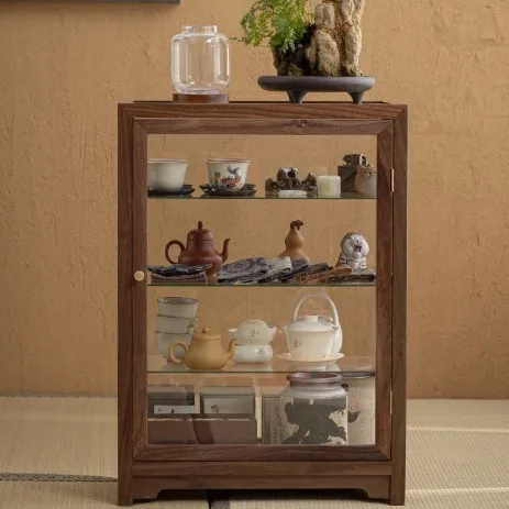 Transparent glass Wenwan display cabinet Floor-to-ceiling integrated walnut storage cabinet Desktop solid wood storage cabinet