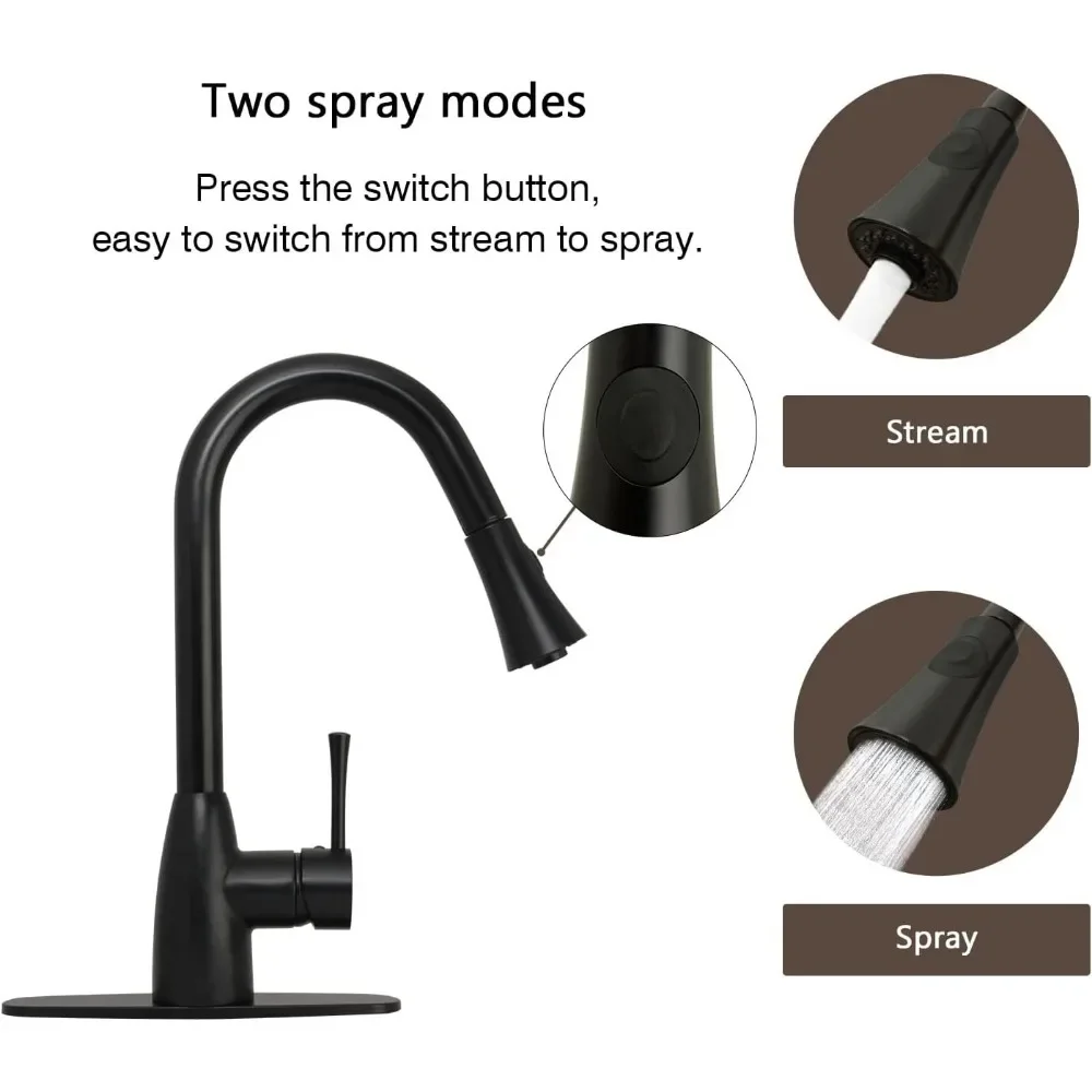 صنبور مطبخ قابل للسحب أسود غير لامع مع لوحة سطح السفينة - ضمان لمدة 5 سنوات، تصميم بمقبض واحد