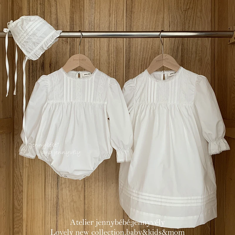 2024 New Autumn Sister Clothes 2-6Yrs Girl Party Dress Long Sleeved Cotton Solid Color Kids Princess Dresses Baby Girl Romper