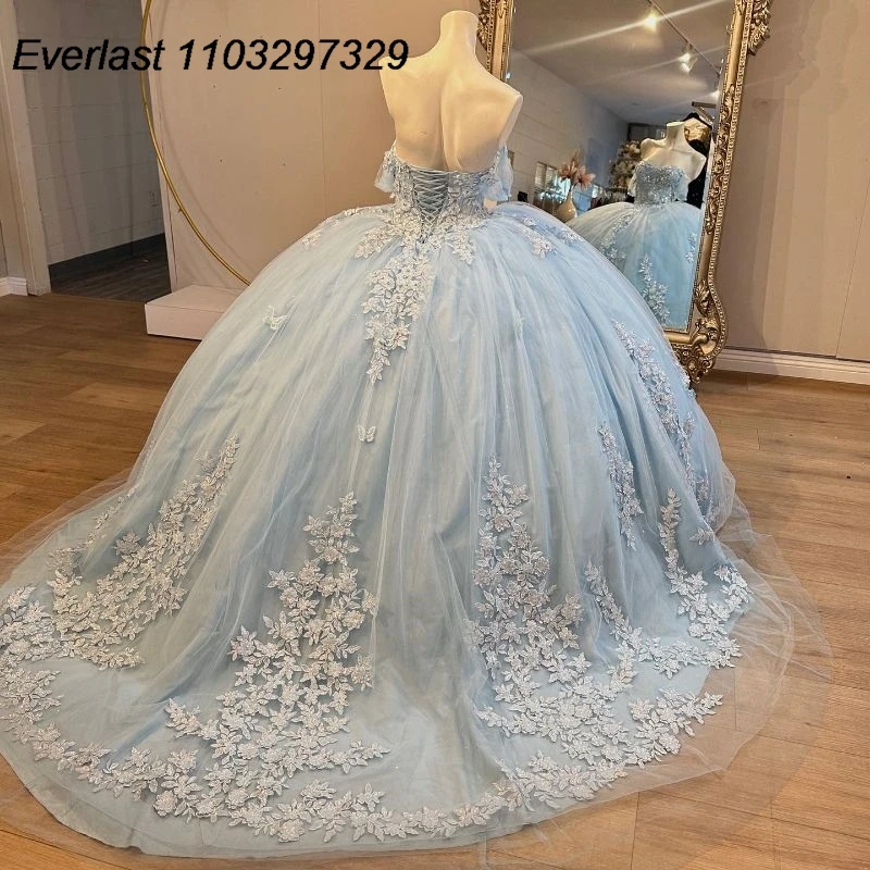 Evlast blau schulter frei Quince anera Kleid Ballkleid Spitze Applikation Perlen Kristall Korsett süß 16 vestido de 15 Anos tqd606