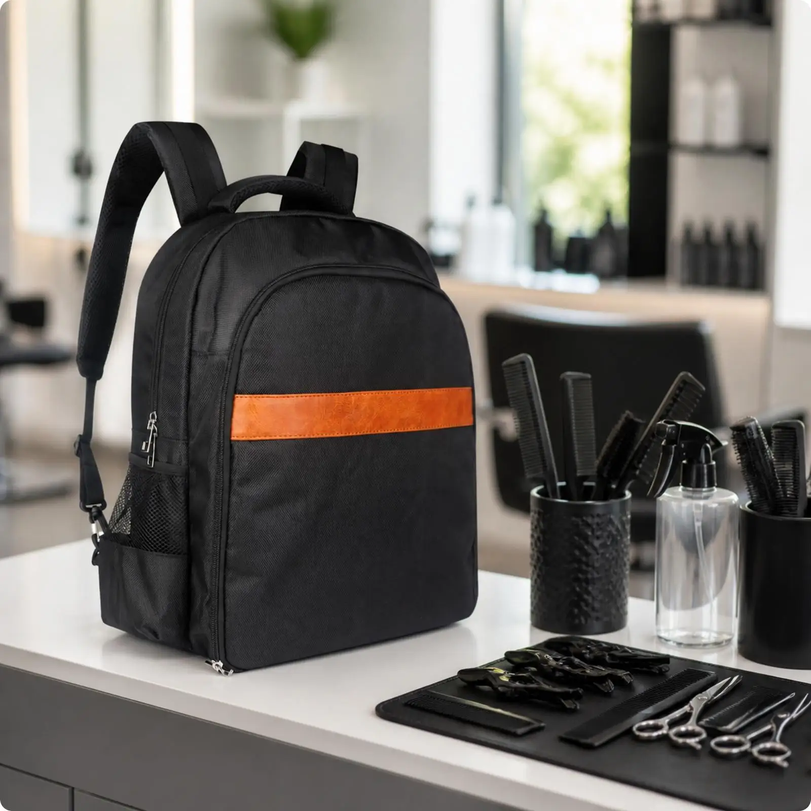 Large Capacity Hair Stylist Tool Bag Backpack with Zippered Compartments and Mesh Side Pockets for Combs and Hairdryer Storage