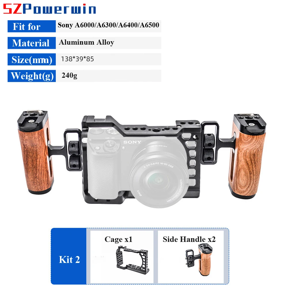 Powerwin Camera Cage For Sony A6500 A6400 A6300 A6000 with wooden Handle Kit Aluminum Alloy Multifunctional Arri Locating Screw