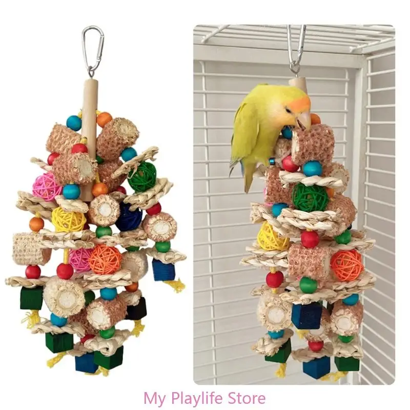 Parrots Toy Birdcage Tearing Rope Corncobs Toy Wooden Block Chewing Toy for Small Medium Pet Birds Birdcage Hanging Toy