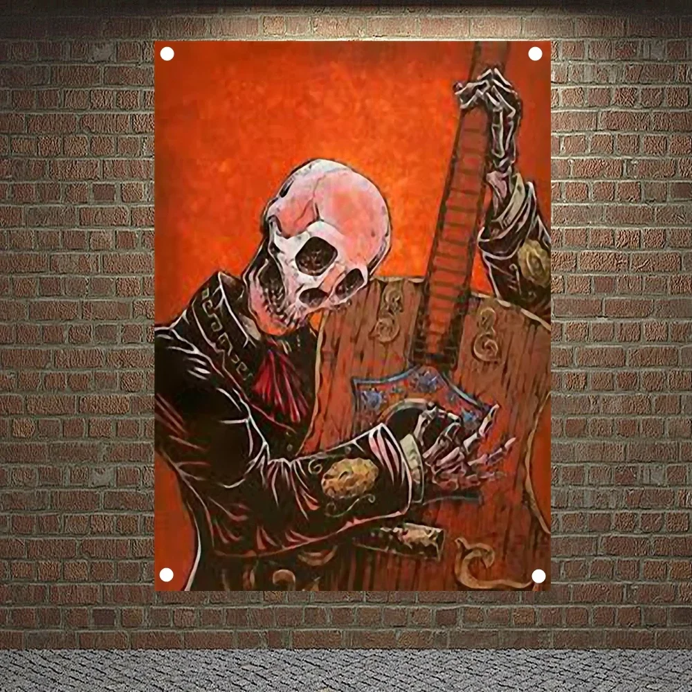 

Skeleton Guitarist Death Art Banner Canvas Painting Chicano Tattoo Art Poster Wall Hanging Flag Wall Sticker Home Decor Tapestry