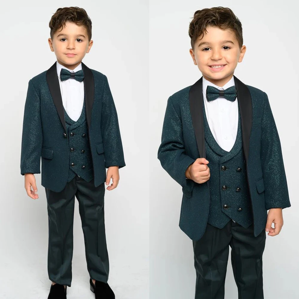 Costume de soirée à paillettes vert foncé pour garçon, 3 pièces, Tuxedos de dîner, pour fête de mariage, anniversaire