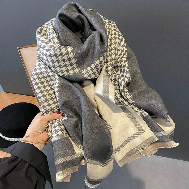 Luxury Brand Scarf Autumn and Winter Houndstooth H Letter Color Block Cotton Woven Outdoor Warm Large Shawl Scarf Women Luxury