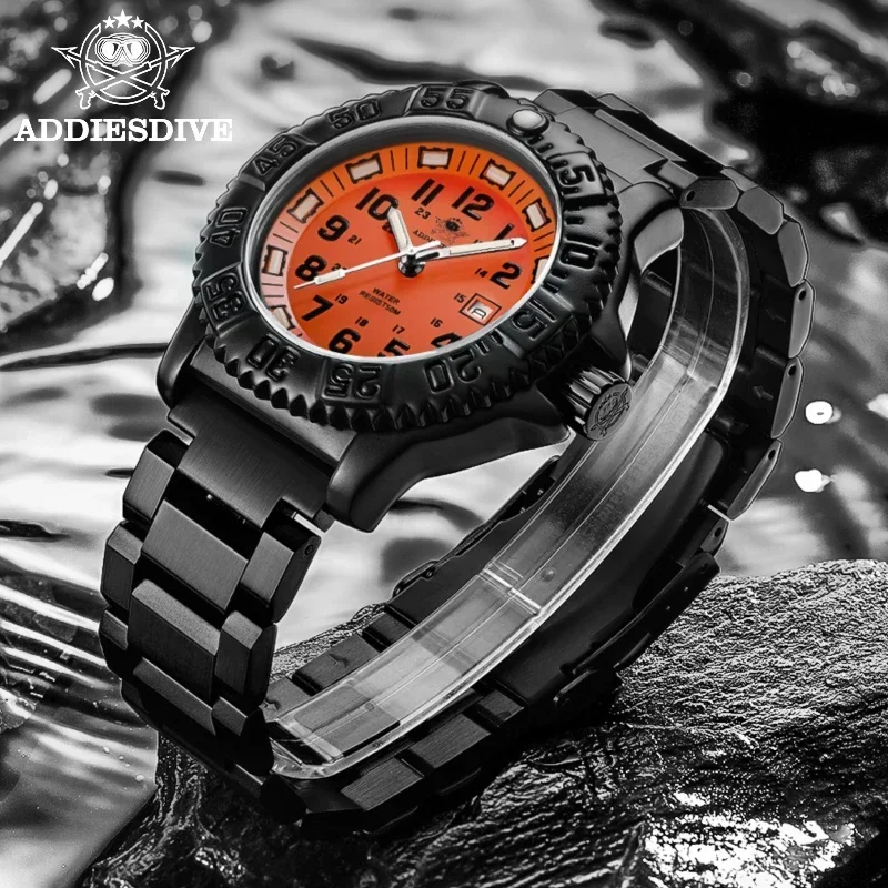 ADDIESDIVE Fashion Diving Men\'s Watch Orange Dial Steel Strap Quartz watches Alloy Case Tube Luminous 50m Waterproof Wristwatch